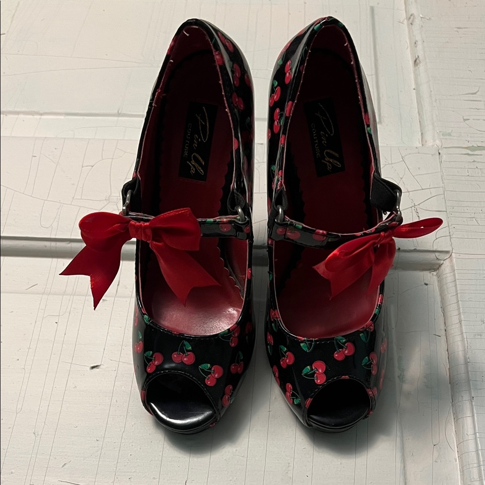 Pinup Couture Black Cherry Heels with Red Bow